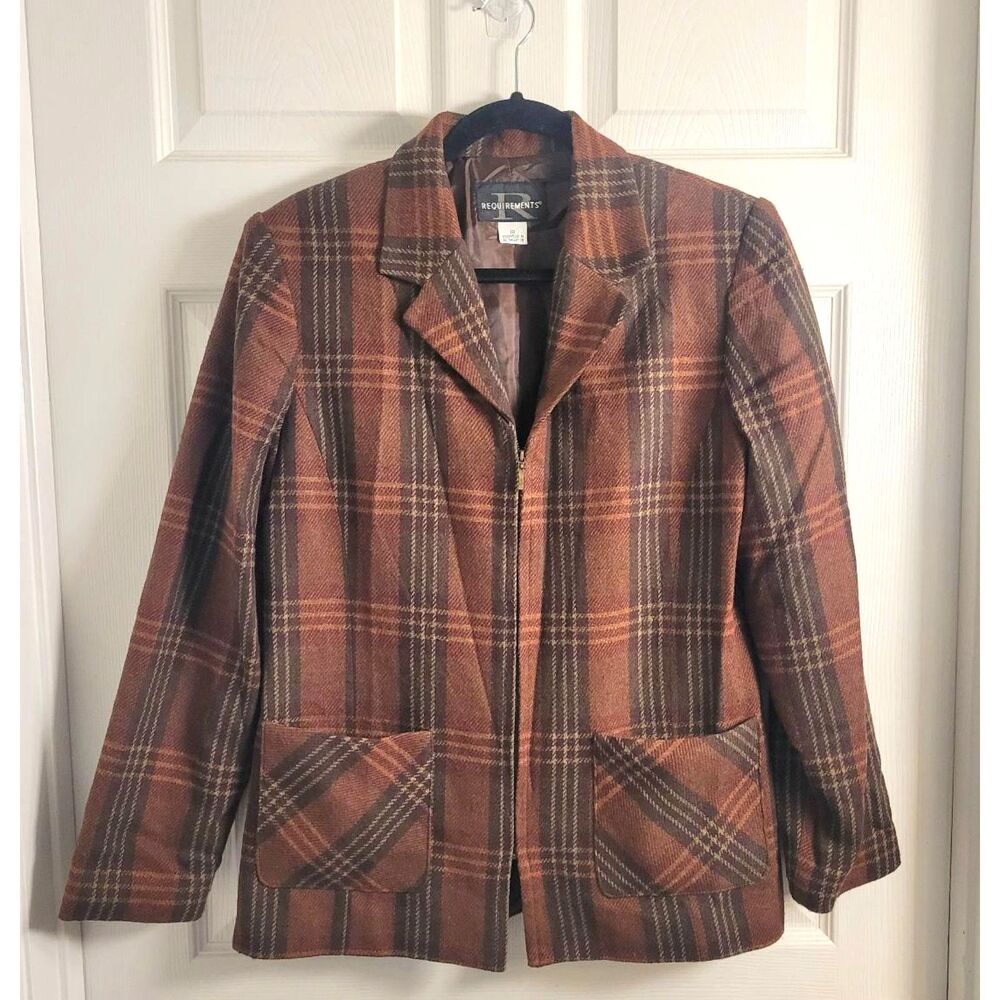 Requirements 10 Brown Plaid Wool Blend Zip Jacket 90s Grunge Dark Academia